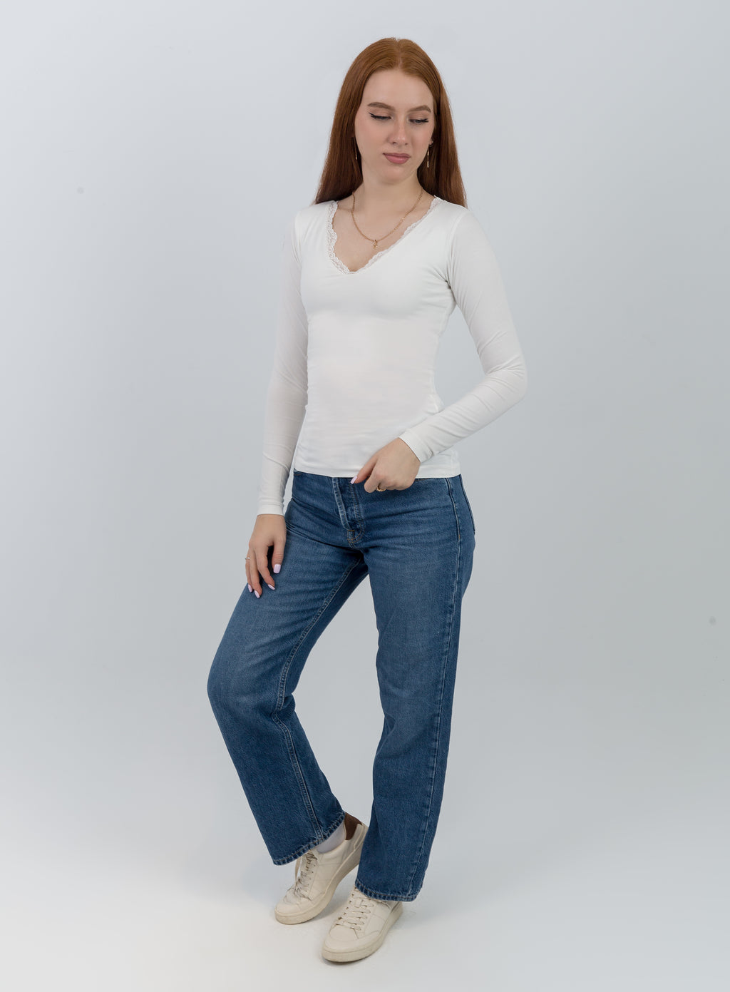 V-Neck Lace Long Sleeve Top