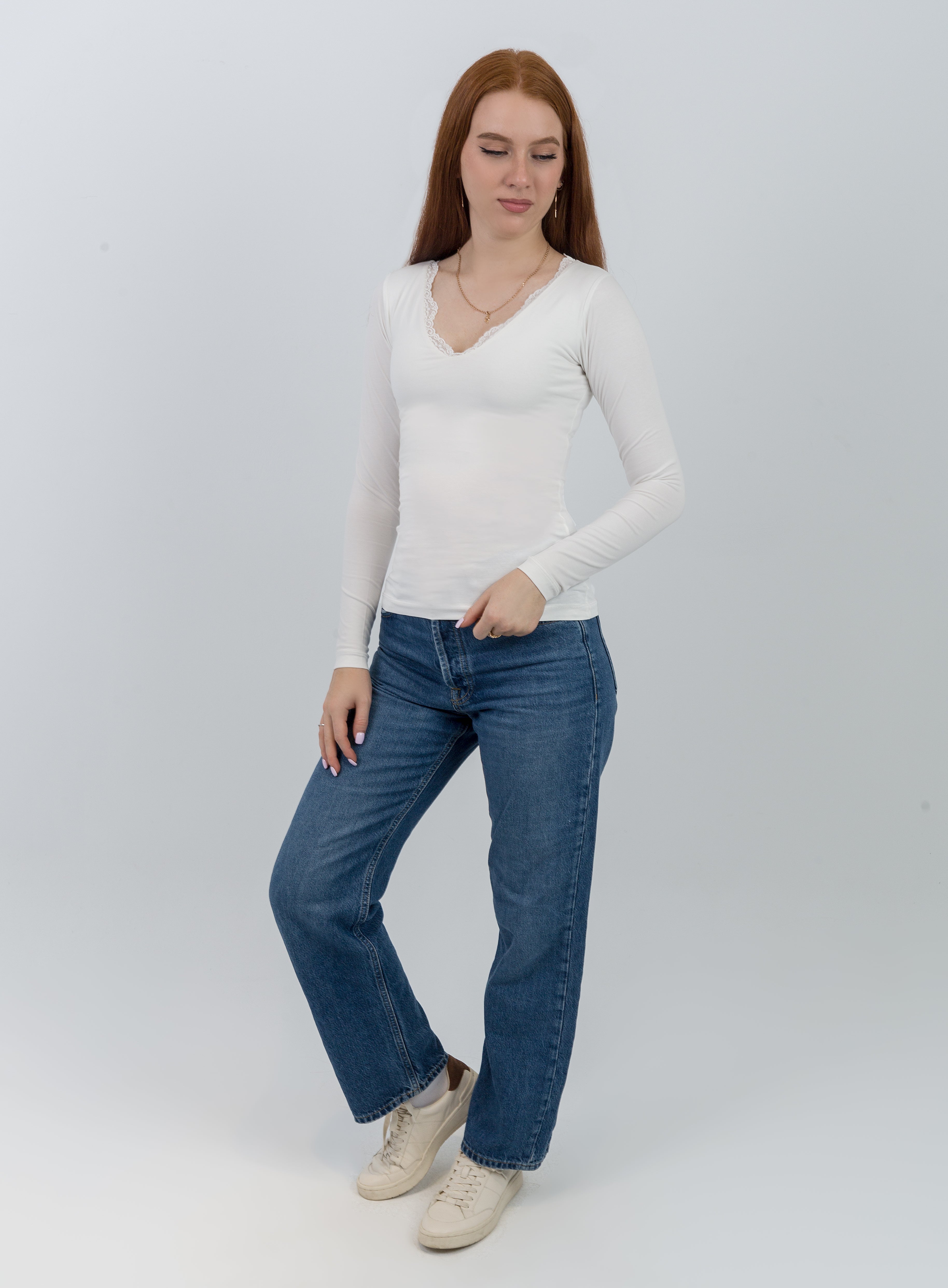 V-Neck Lace Long Sleeve Top