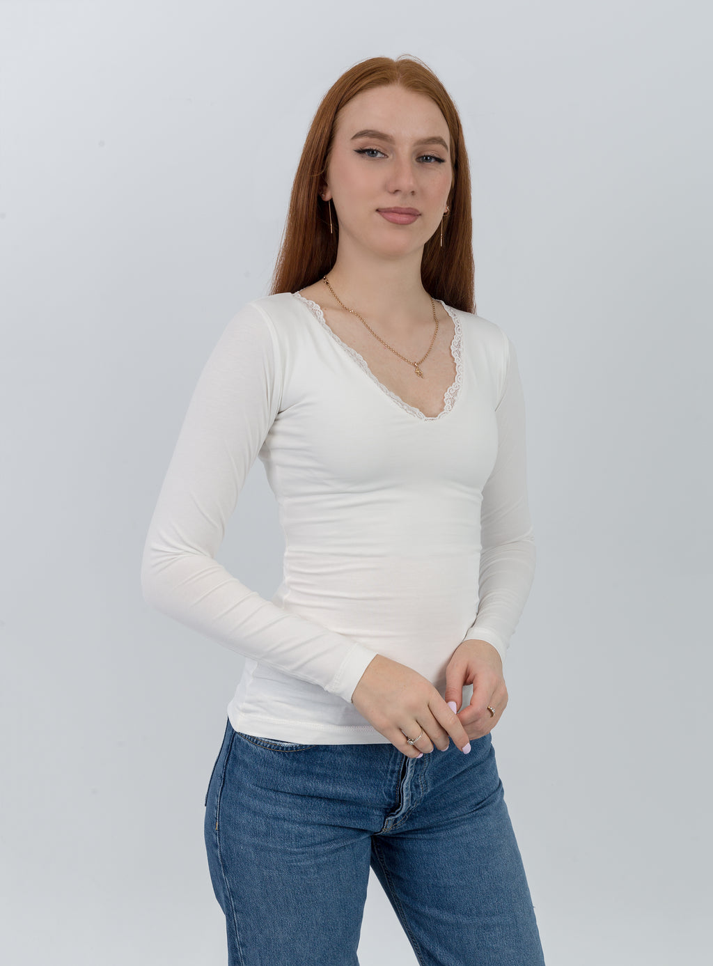 V-Neck Lace Long Sleeve Top