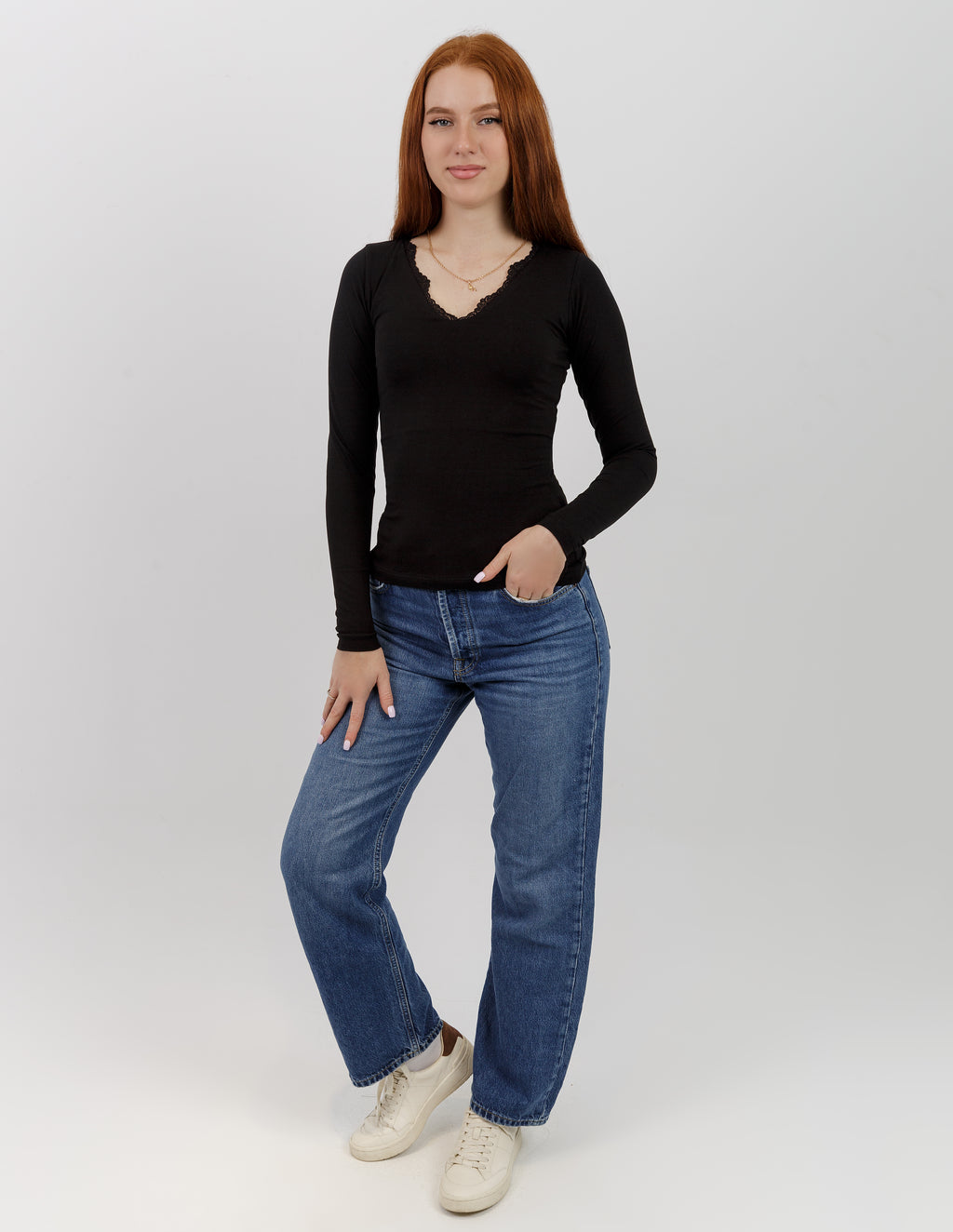 V-Neck Lace Long Sleeve Top