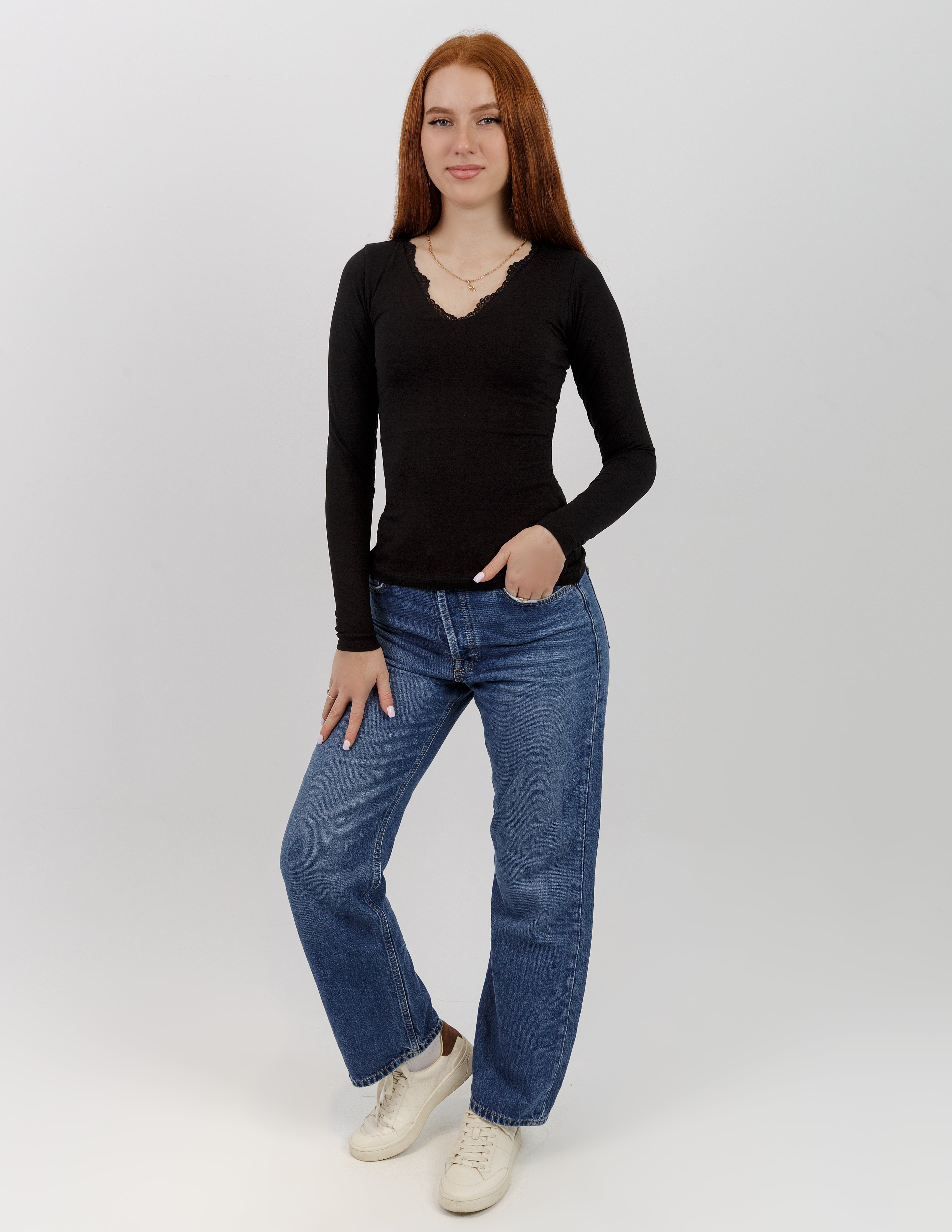 V-Neck Lace Long Sleeve Top