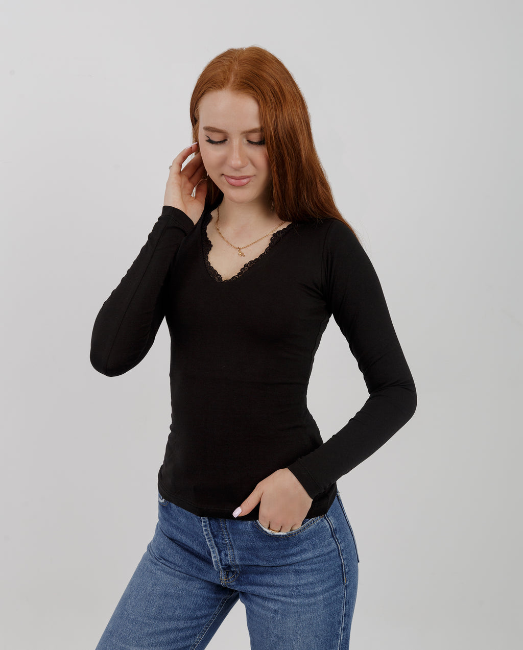 V-Neck Lace Long Sleeve Top