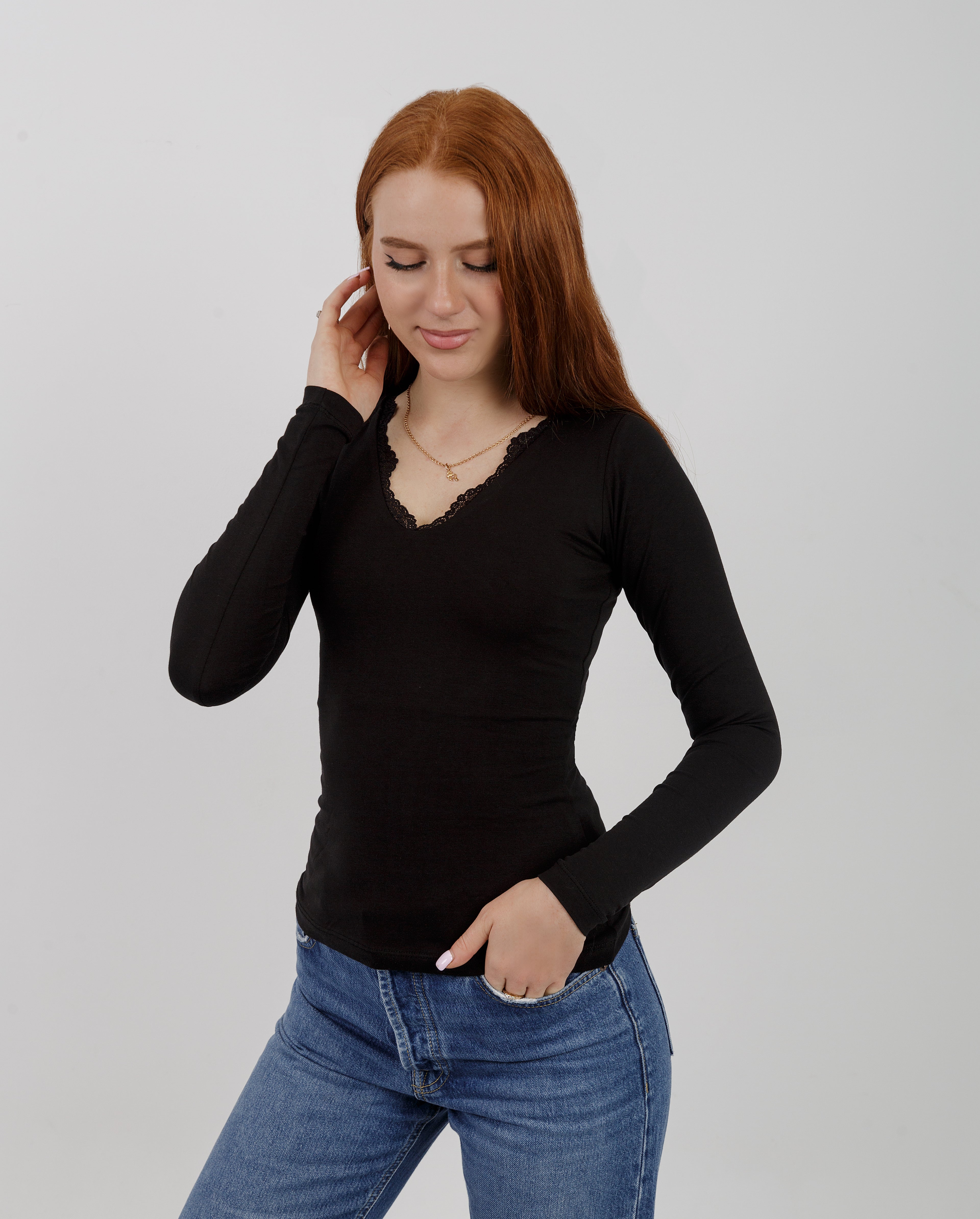 V-Neck Lace Long Sleeve Top