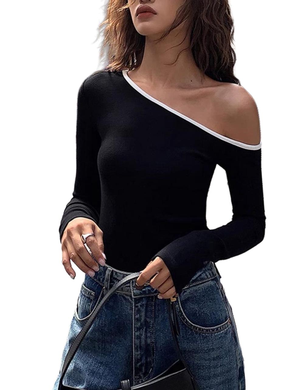 One shoulder long sleeve top with Trim