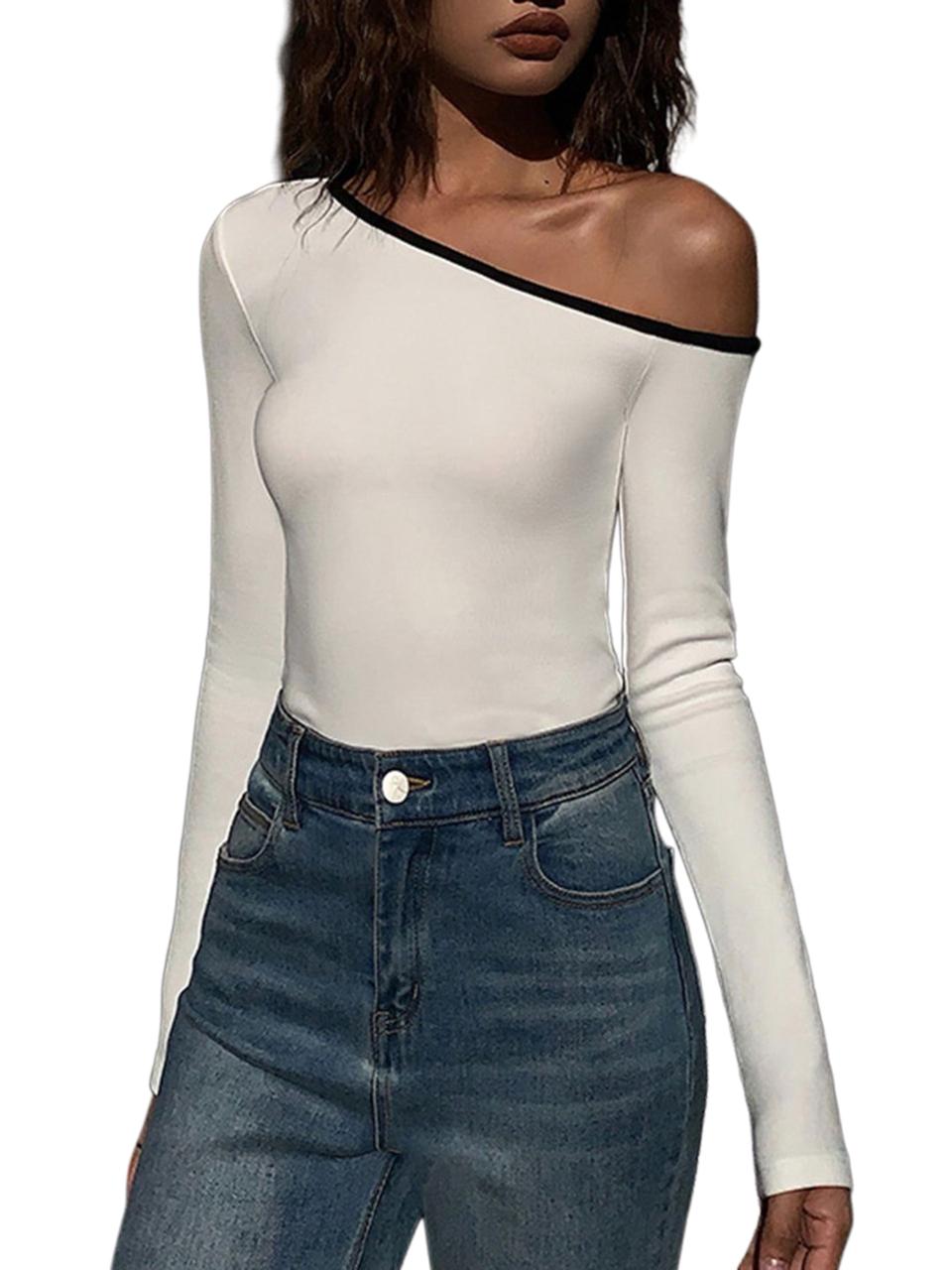 One shoulder long sleeve top with Trim